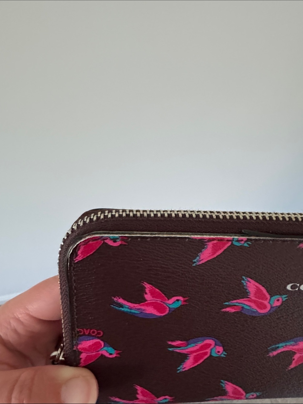 Coach Dark Brown Wallet with Pink and Blue Bird Pattern - Picture 9 of 9